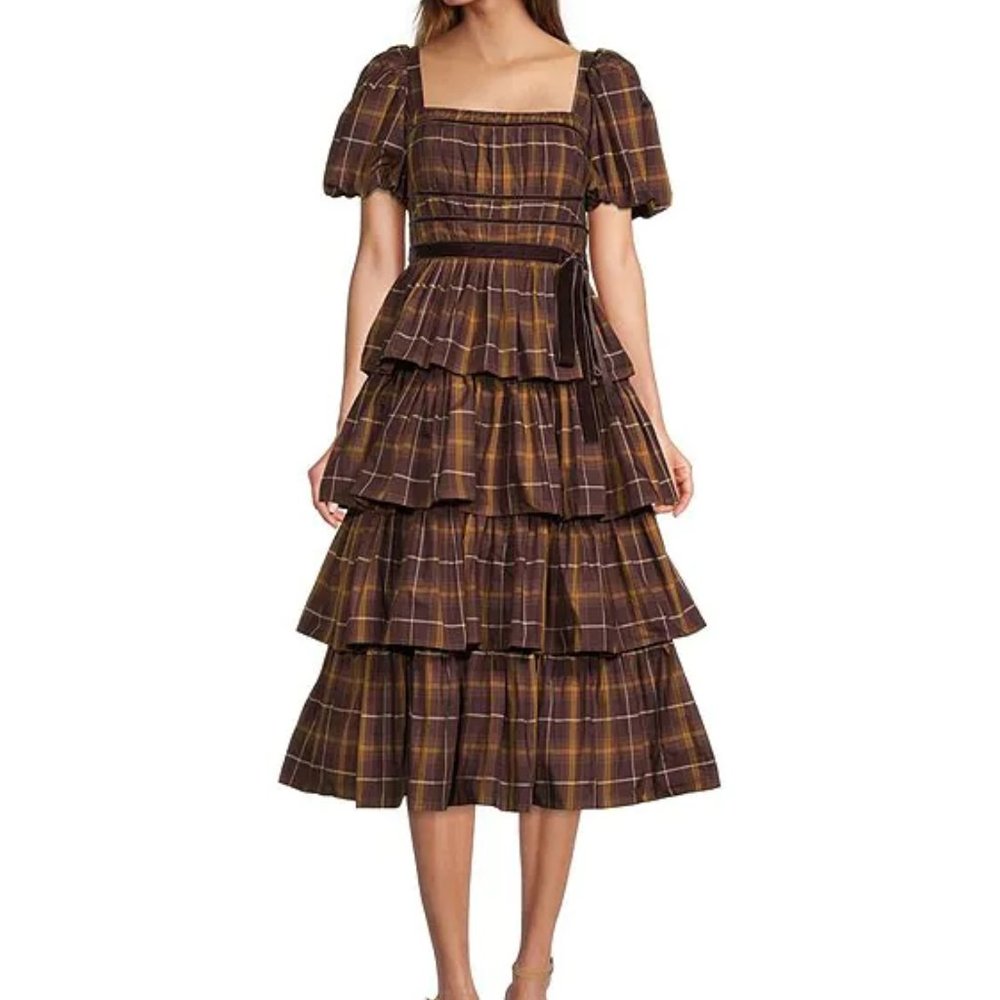 Antonio Melani Maisie Plaid Print Tiered Ruffle Dress in Chocolate Size 10